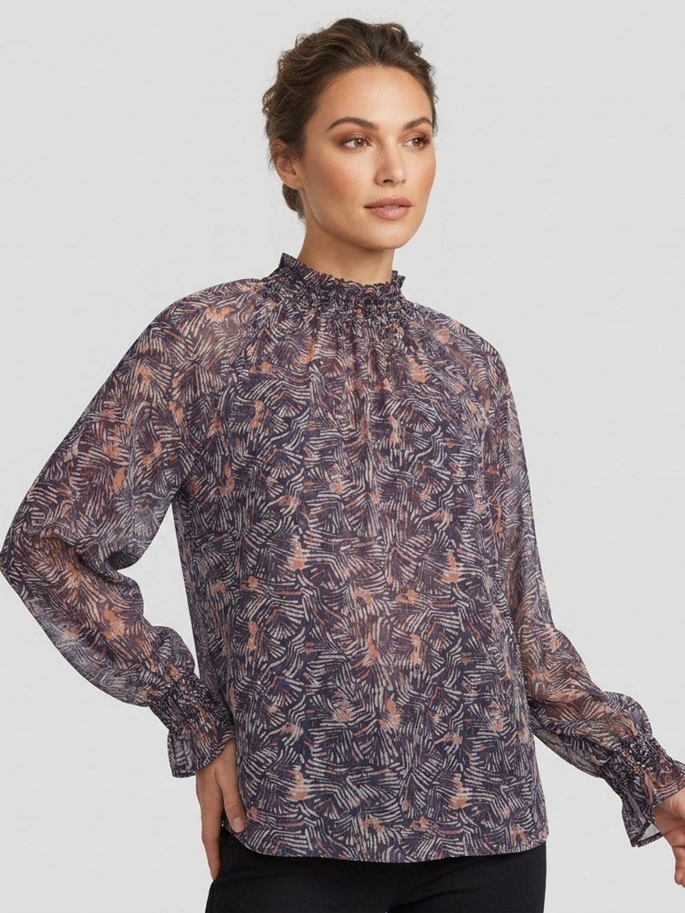 The Korner Sheer Metallic Abstract Print Ruffle Neck Blouse Size Medium